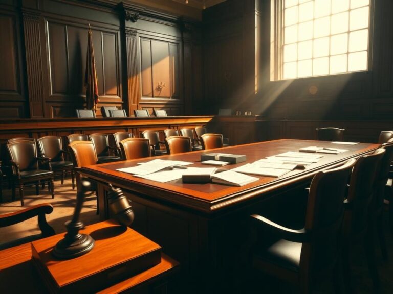 Flick International A courtroom scene showcasing empty chairs, a large judge's bench, and scattered legal documents, symbolizing judicial authority and a complex legal battle over immigration issues.