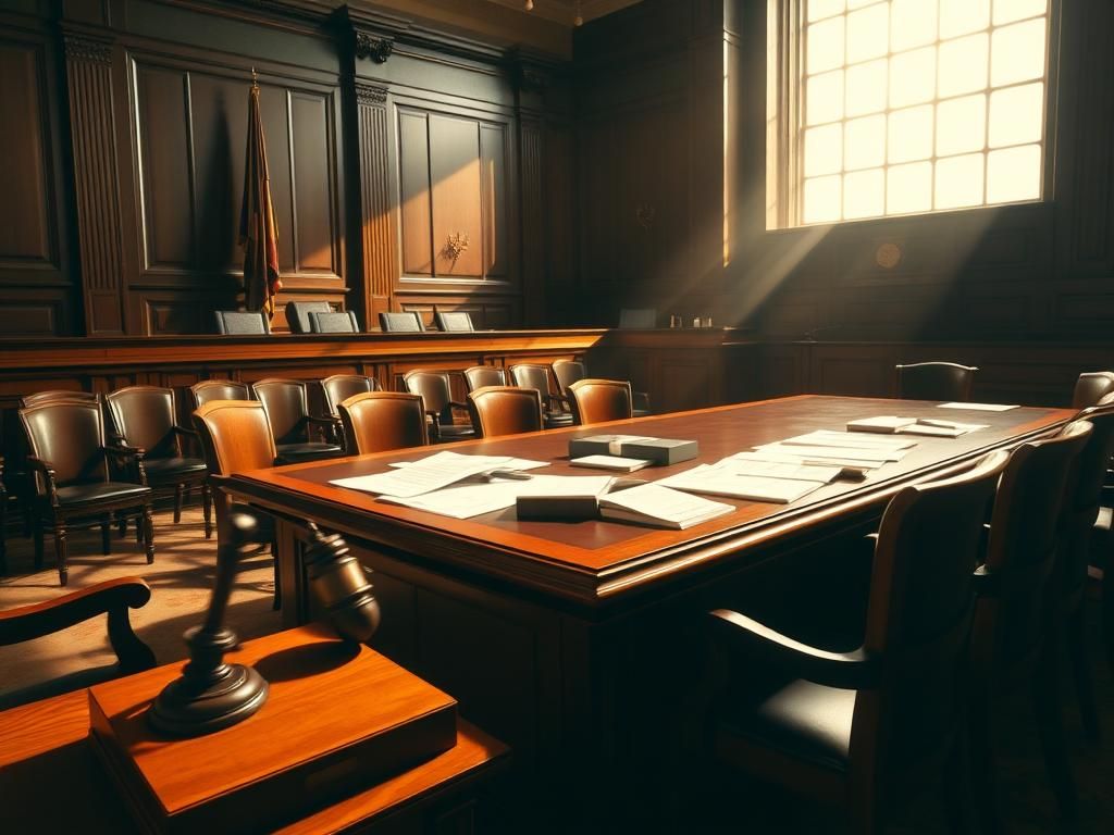 Flick International A courtroom scene showcasing empty chairs, a large judge's bench, and scattered legal documents, symbolizing judicial authority and a complex legal battle over immigration issues.