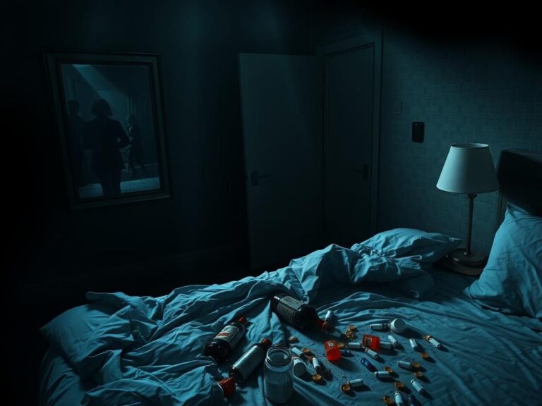 Flick International Dimly lit hotel room with a disheveled bed, warped mirror, and scattered alcohol bottles