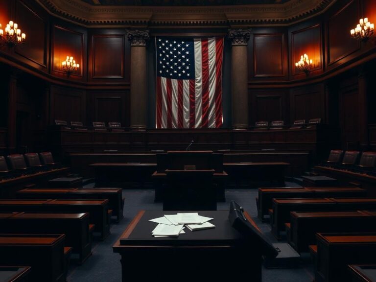 Flick International Dramatic congressional chamber showcasing polished wooden benches and an empty podium