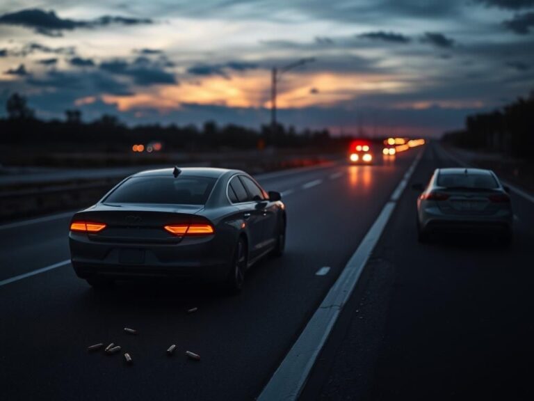 Flick International Dark and moody landscape of a deserted interstate highway at dusk, with stopped vehicles and scattered bullet casings.