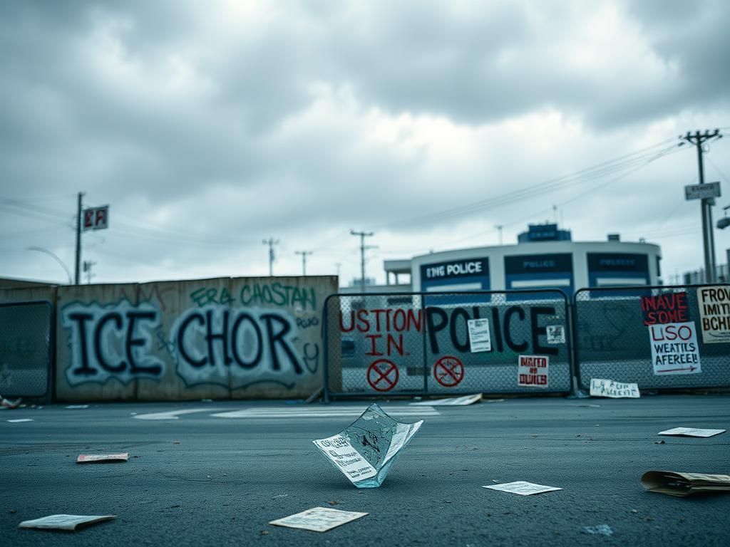 Flick International Urban landscape in Los Angeles during an ICE operation with barricades and graffiti