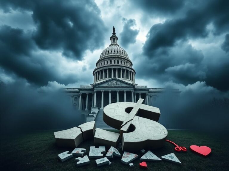 Flick International United States Capitol building under stormy clouds with cracked dollar sign foreground