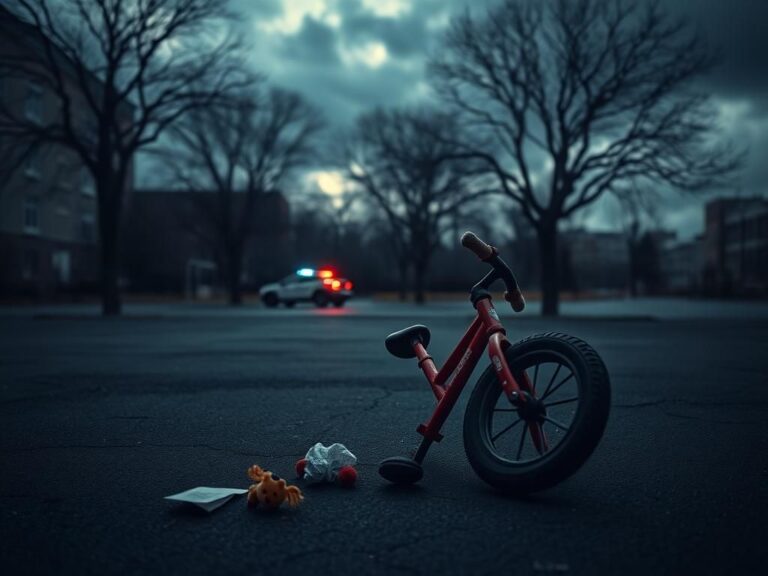 Flick International Dimly lit empty playground with a tipped over tricycle and police vehicle in the background