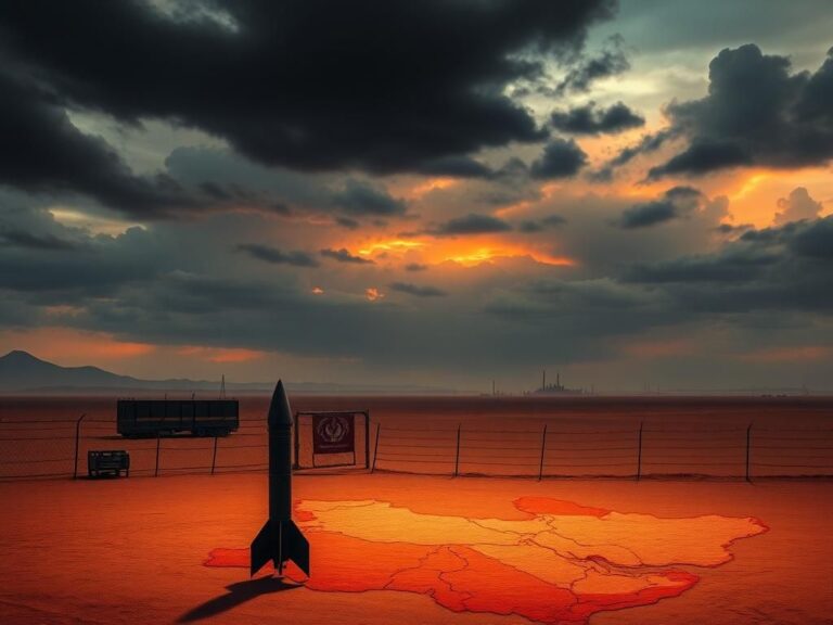 Flick International Stark desert landscape depicting Middle East tensions with military presence and nuclear indications