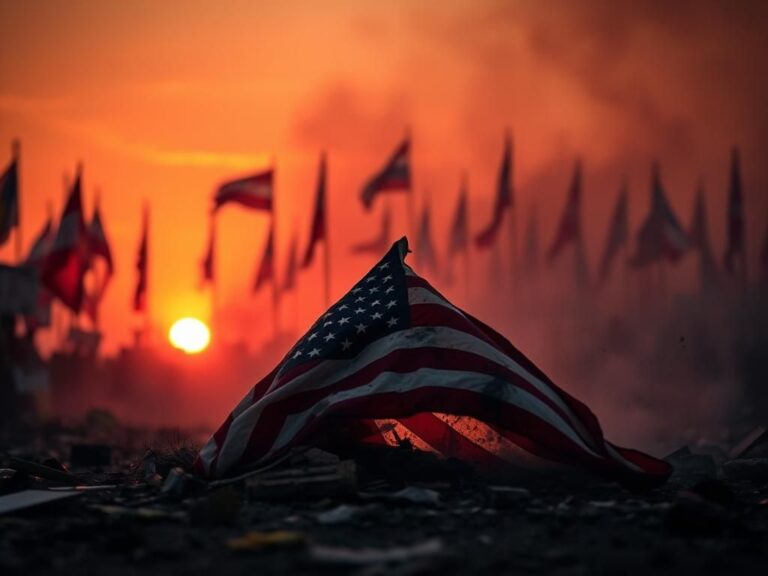 Flick International partially burned American flag surrounded by ash and debris
