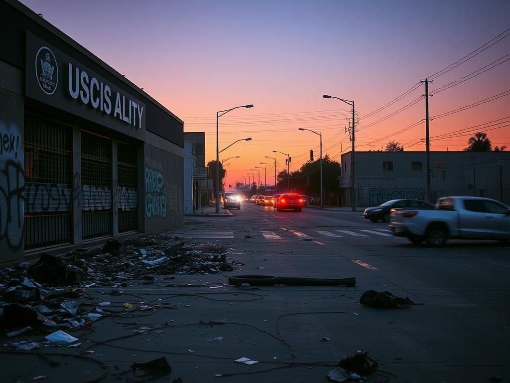 Flick International Heavily graffitied urban street in Los Angeles showcasing chaos and destruction post-riots