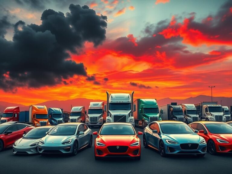 Flick International Modern electric vehicles and traditional trucks parked in a contrasting automotive landscape