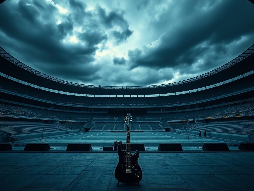 Flick International A wide view of the Berlin Olympic Stadium with an empty stage and moody skies
