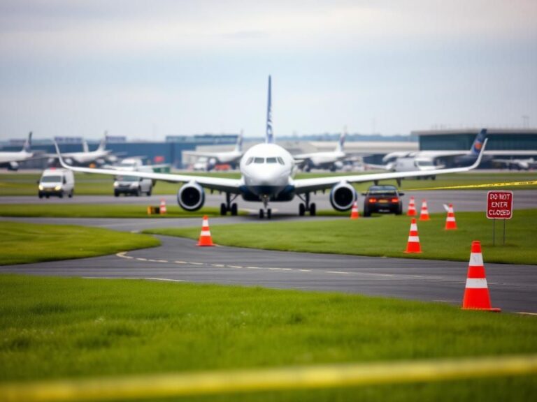 Flick International JetBlue aircraft partially off runway at Boston Logan Airport surrounded by emergency vehicles