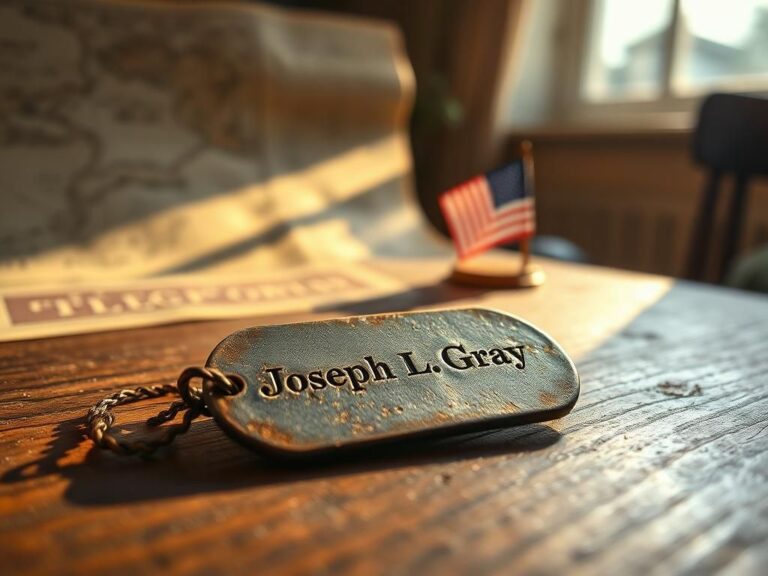 Flick International Close-up of a weathered World War II dog tag engraved with Joseph L. Gray