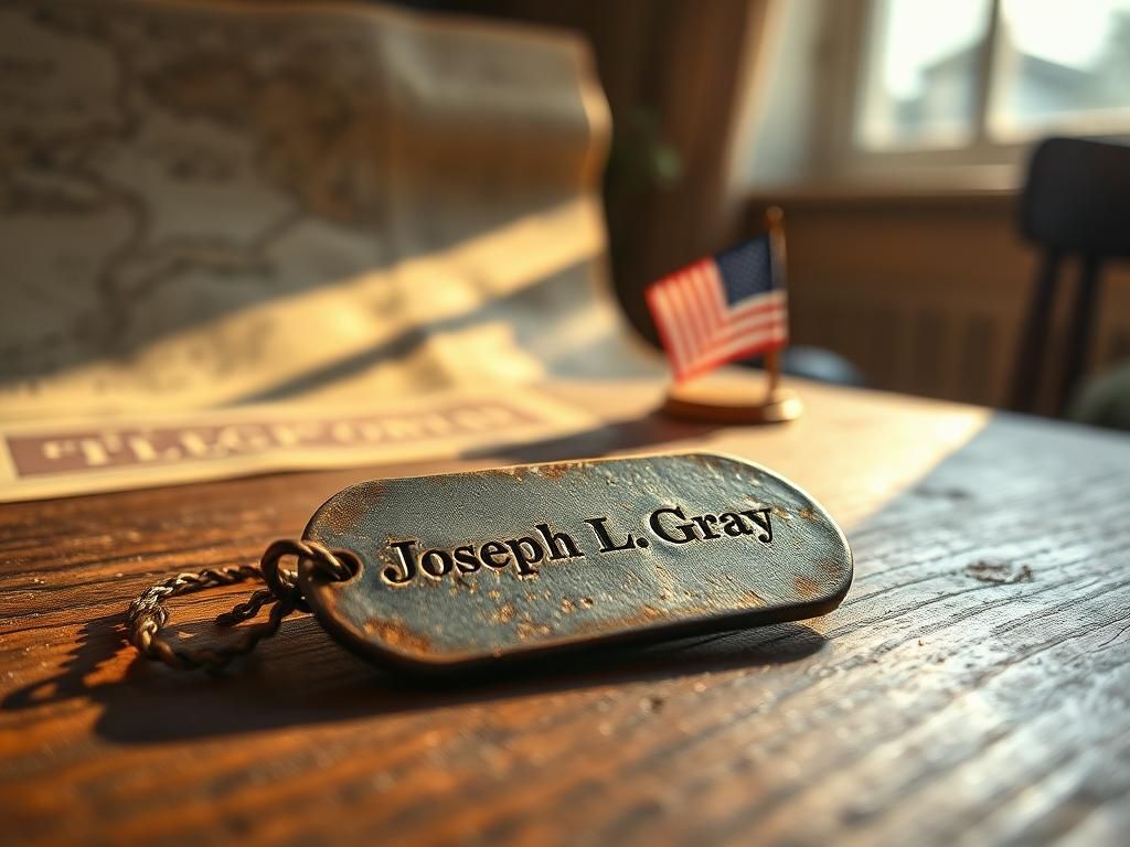 Flick International Close-up of a weathered World War II dog tag engraved with Joseph L. Gray