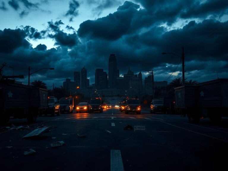 Flick International Deserted street in Los Angeles at dusk with National Guard trucks amidst a tense urban landscape