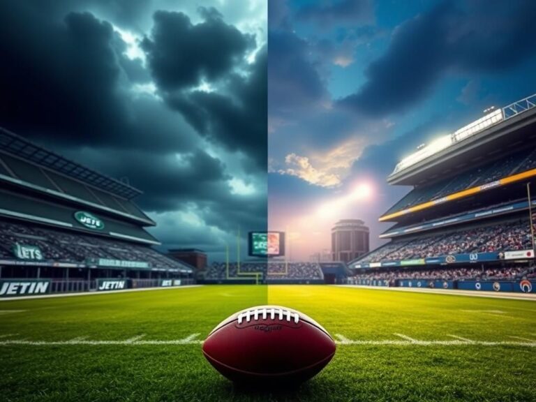 Flick International A contrasting scene depicting a dark, abandoned stadium representing the New York Jets and a bright, vibrant stadium symbolizing the Los Angeles Rams, with a football in the foreground.