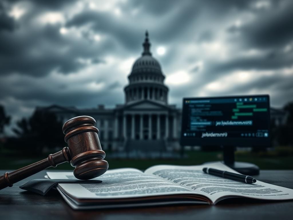 Flick International Blurred silhouette of a state capitol building under gray skies with a wooden gavel and legal document in the foreground