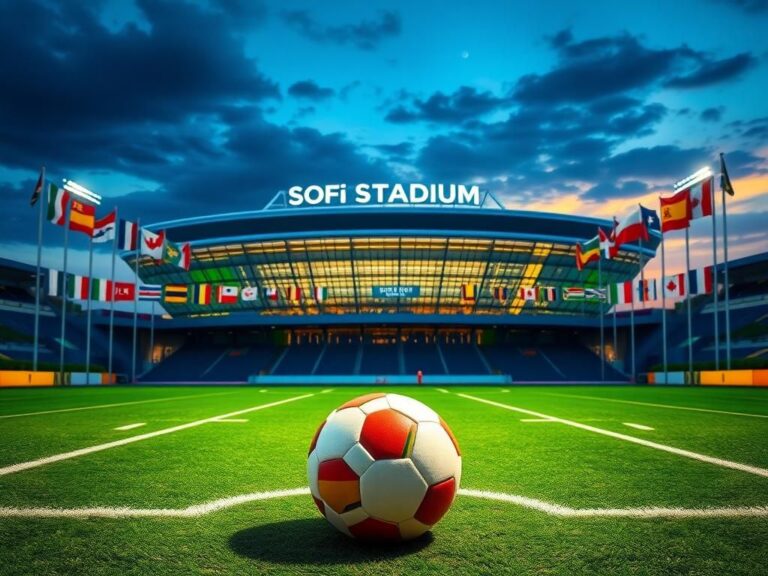 Flick International A vibrant scene of SoFi Stadium under twilight, showcasing its sleek architecture and empty soccer pitch.