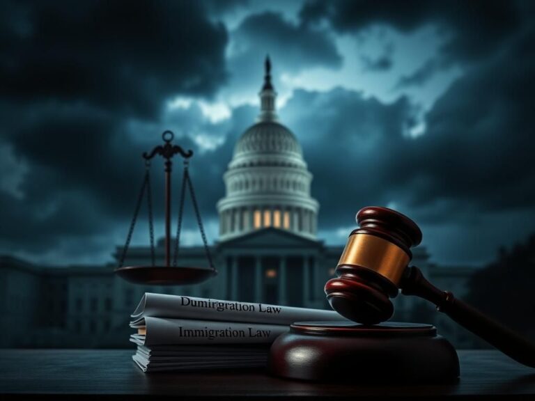 Flick International A dramatic courtroom scene depicting a gavel and legal documents, symbolizing immigration law issues.