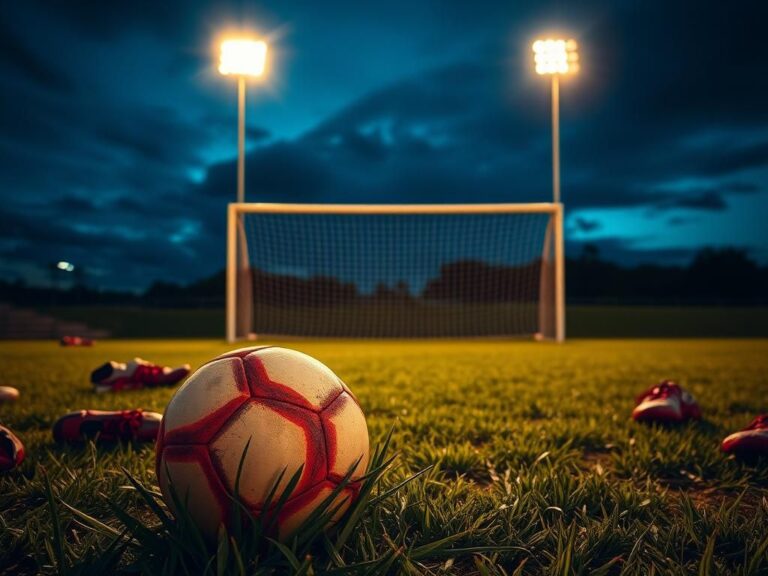 Flick International A weathered soccer ball on a vibrant soccer field at dusk