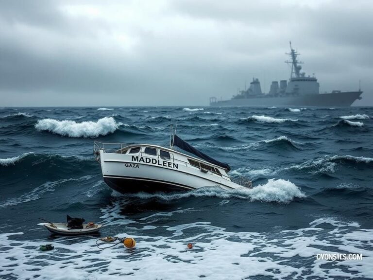 Flick International Dramatic coastal scene with a partially submerged yacht named 'Madleen', symbolizing conflict and unrest related to Gaza.