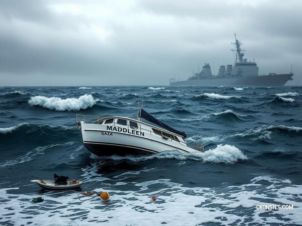 Flick International Dramatic coastal scene with a partially submerged yacht named 'Madleen', symbolizing conflict and unrest related to Gaza.
