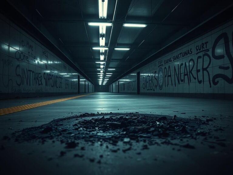 Flick International Dark underground subway station with burned debris symbolizing violence