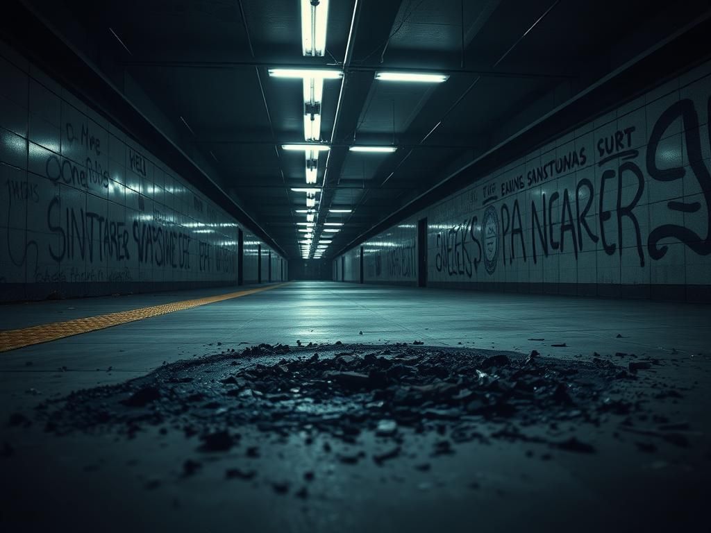 Flick International Dark underground subway station with burned debris symbolizing violence