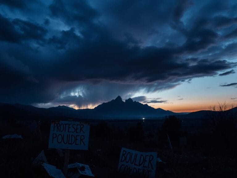 Flick International Dark, dramatic landscape of Boulder, Colorado with protest signs and the Flatirons in the background