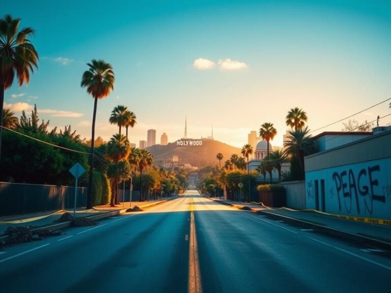 Flick International Panoramic view of Los Angeles skyline with iconic landmarks and peaceful parks