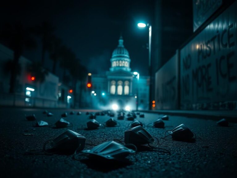 Flick International Dimly lit urban street scene in Los Angeles with discarded bionic face masks and graffiti reflecting protest sentiment
