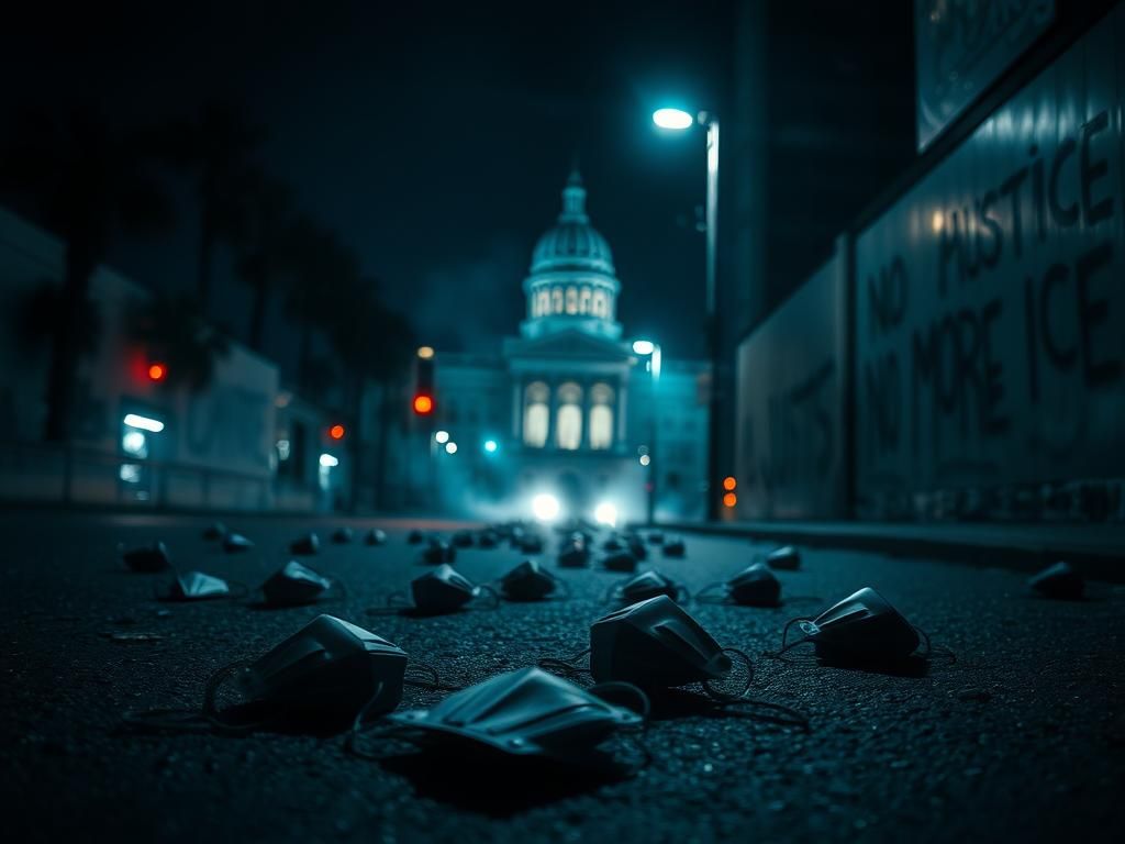 Flick International Dimly lit urban street scene in Los Angeles with discarded bionic face masks and graffiti reflecting protest sentiment