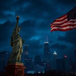 Flick International A nighttime cityscape of Chicago with a symbolic crumbling statue of liberty and a tattered American flag, representing political unrest.