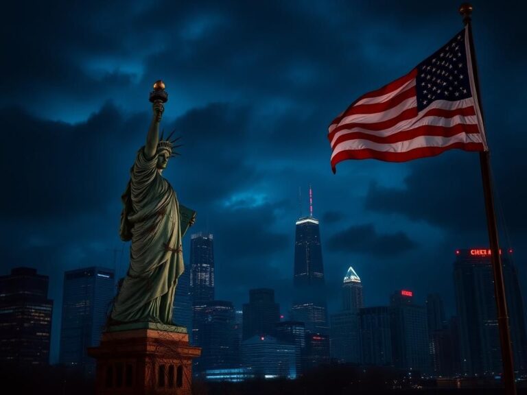 Flick International A nighttime cityscape of Chicago with a symbolic crumbling statue of liberty and a tattered American flag, representing political unrest.