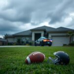 Flick International A police car parked in the driveway of a suburban home in Magnolia, Texas, with flashing lights amidst a lush green lawn and an abandoned football and helmet in the foreground.