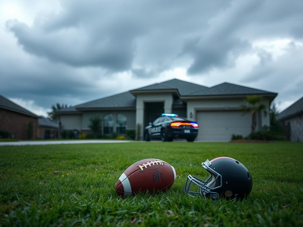 Flick International A police car parked in the driveway of a suburban home in Magnolia, Texas, with flashing lights amidst a lush green lawn and an abandoned football and helmet in the foreground.