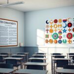 Flick International Classroom featuring a prominently displayed Ten Commandments poster contrasted with diverse religious symbols on the opposite wall