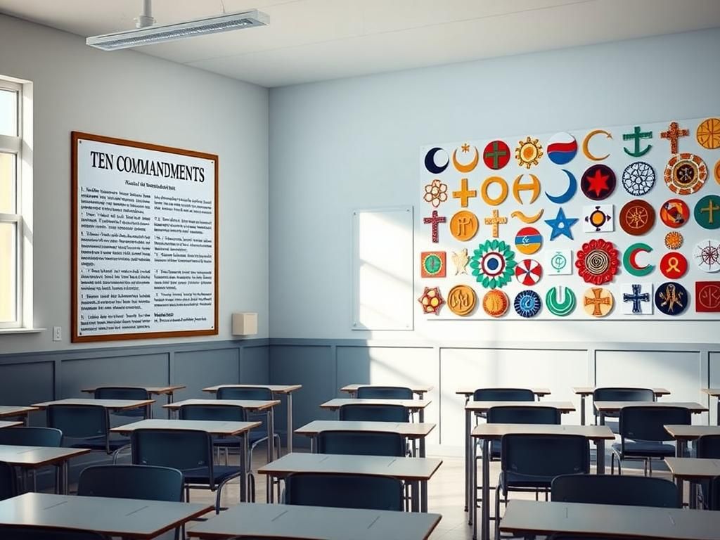 Flick International Classroom featuring a prominently displayed Ten Commandments poster contrasted with diverse religious symbols on the opposite wall