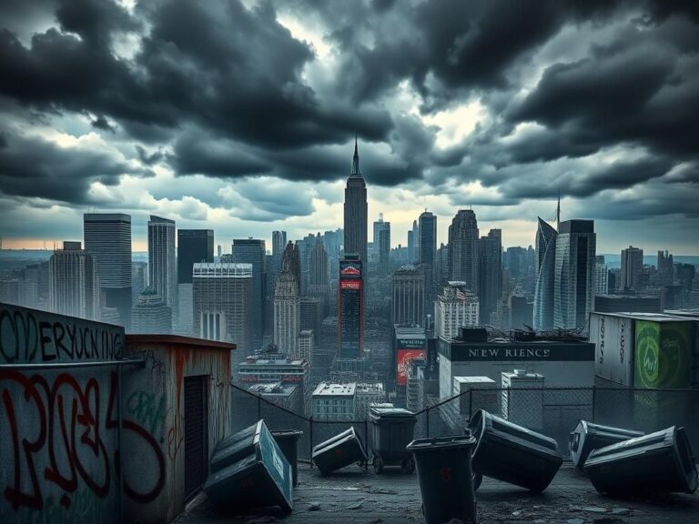 Flick International Dramatic cityscape of New York City illustrating the contrast between iconic landmarks and unrest