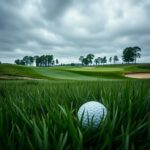 Flick International Dramatic view of Oakmont Country Club's thick rough with a partially obscured golf ball