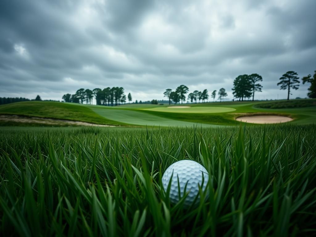 Flick International Dramatic view of Oakmont Country Club's thick rough with a partially obscured golf ball