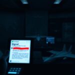 Flick International Darkened war room filled with military maps, diagrams, and a blurred Signal chat message