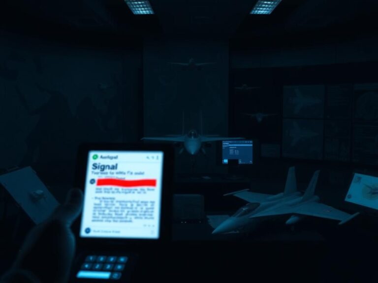 Flick International Darkened war room filled with military maps, diagrams, and a blurred Signal chat message