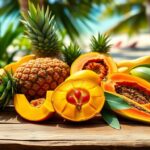 Flick International Vibrant tropical fruit arrangement showcasing pineapples, mangos, and papayas on a rustic wooden table