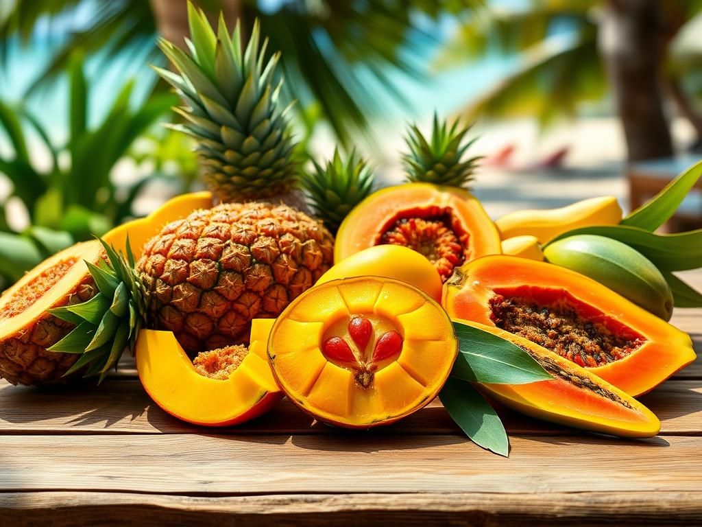 Flick International Vibrant tropical fruit arrangement showcasing pineapples, mangos, and papayas on a rustic wooden table