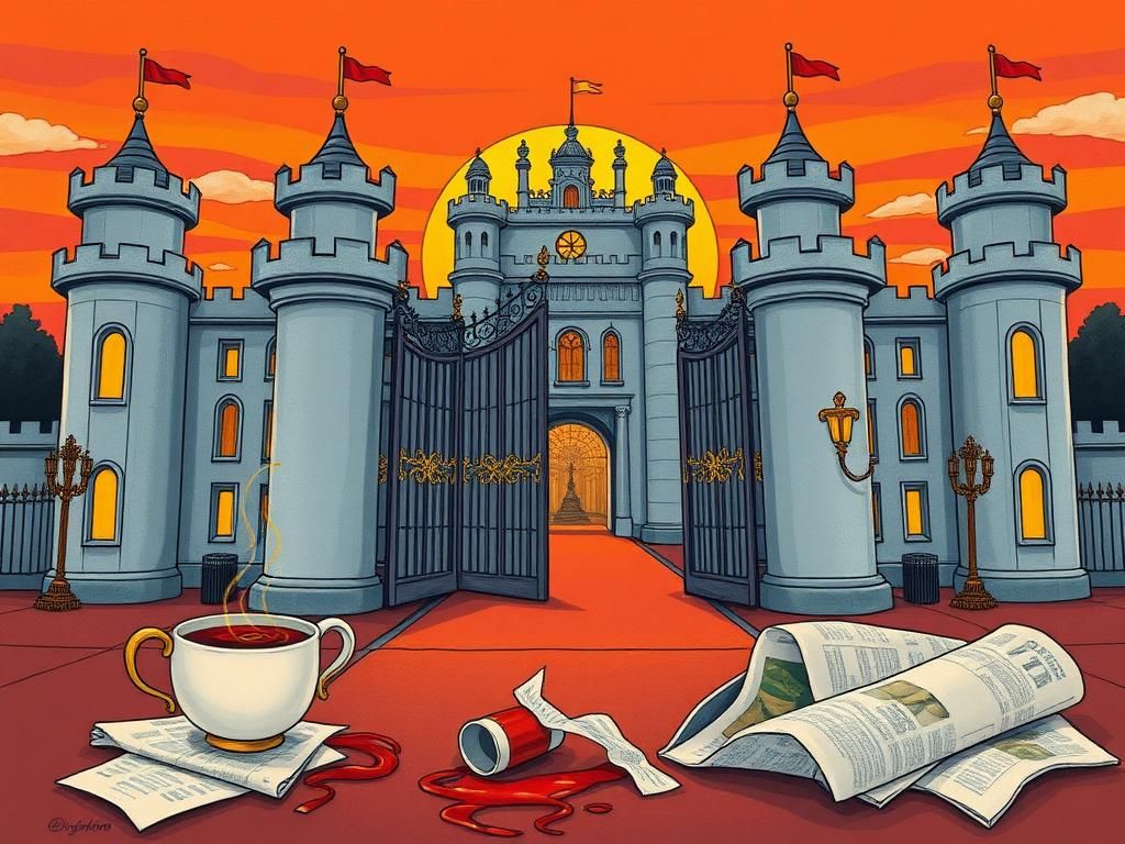 Flick International Illustration of an opulent royal castle at sunset, symbolizing grandeur and isolation