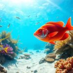 Flick International Bright red vermilion snapper swimming gracefully among colorful coral reefs