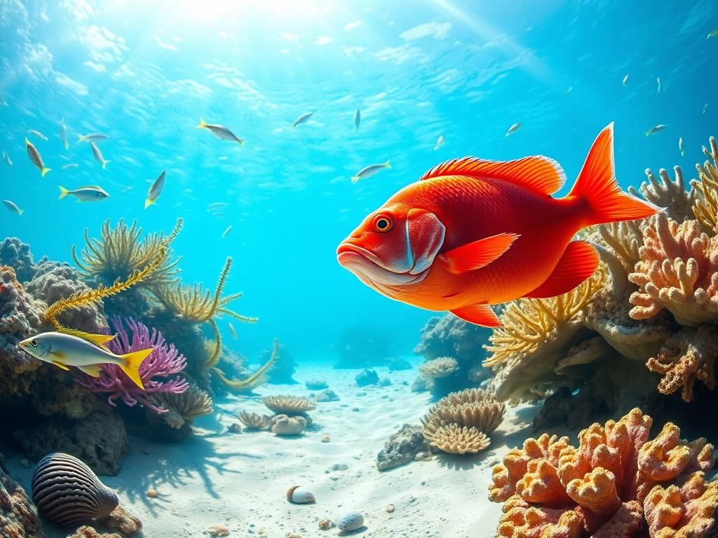 Flick International Bright red vermilion snapper swimming gracefully among colorful coral reefs