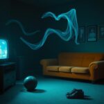 Flick International dimly lit living room with an empty orange couch and flickering television, representing a ghostly atmosphere
