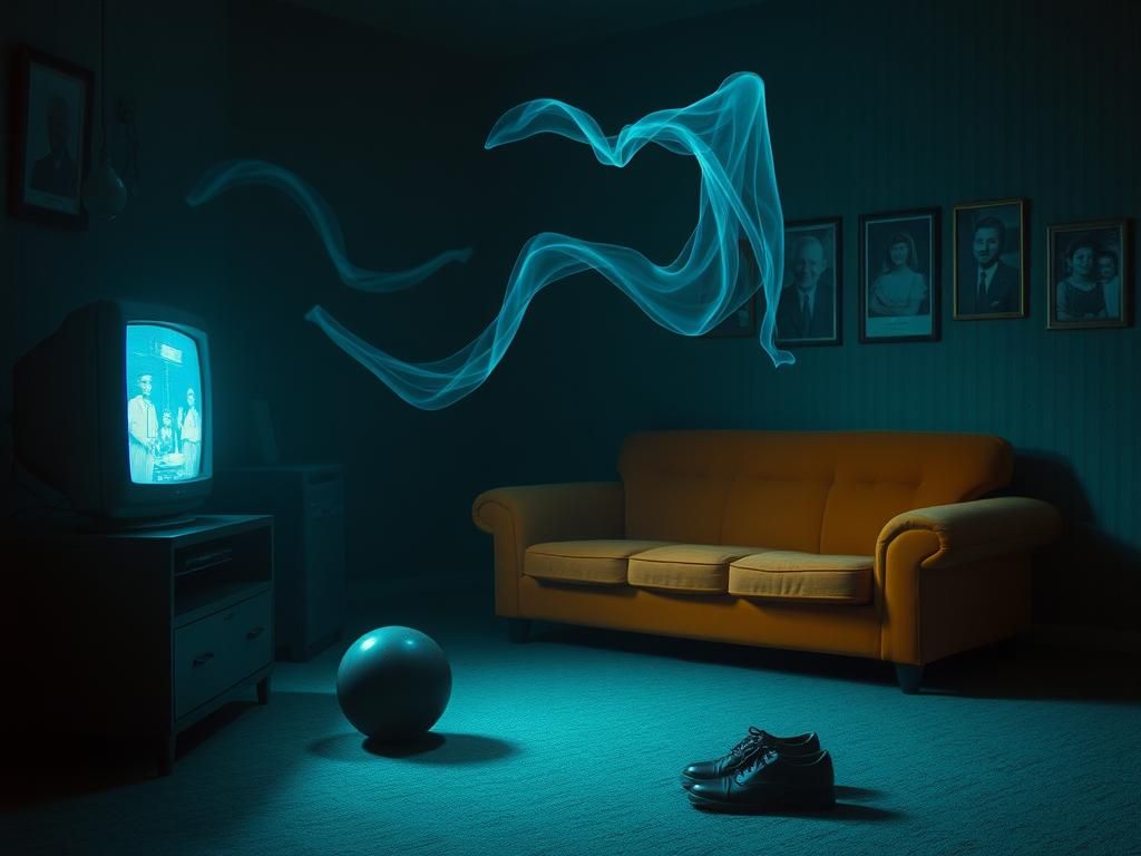 Flick International dimly lit living room with an empty orange couch and flickering television, representing a ghostly atmosphere