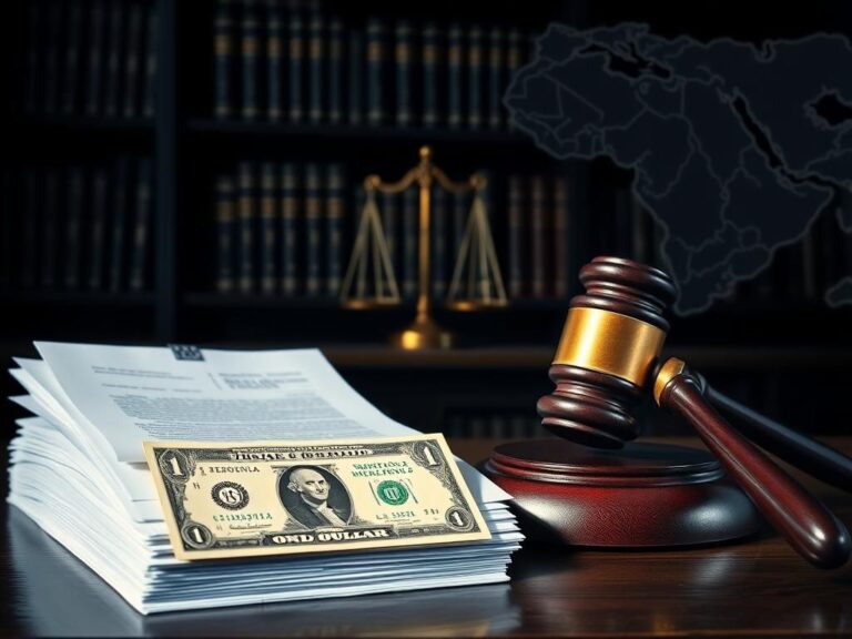 Flick International Courtroom scene with legal documents and $1 bill symbolizing Mahmoud Khalil's bond