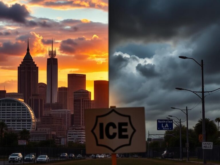 Flick International Dramatic urban landscape contrasting Nashville's skyline with Los Angeles' chaos